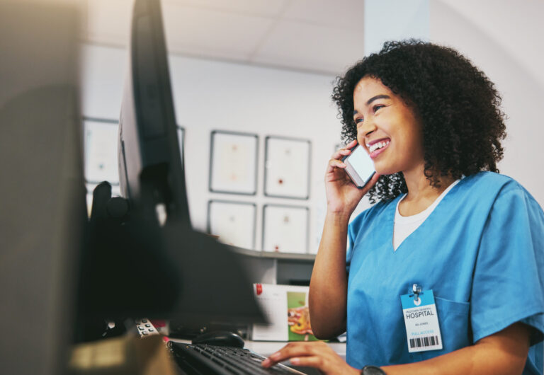 Nurse, phone and black woman call with happiness at office with mobile connection. Clinic, healthcare worker and networking of a young person happy about work conversation